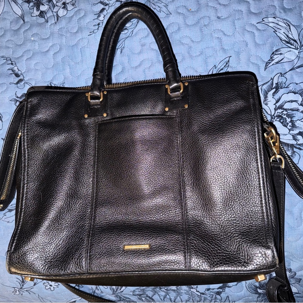 Rebecca Minkoff Black Textured Laptop Tote with Gold Detail